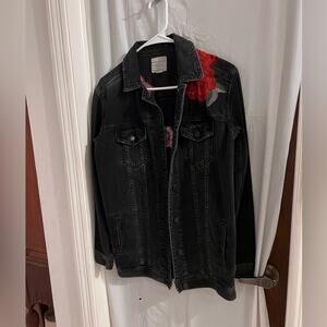 American eagle outfitters black floral embroidered button up denim jkt sz xs